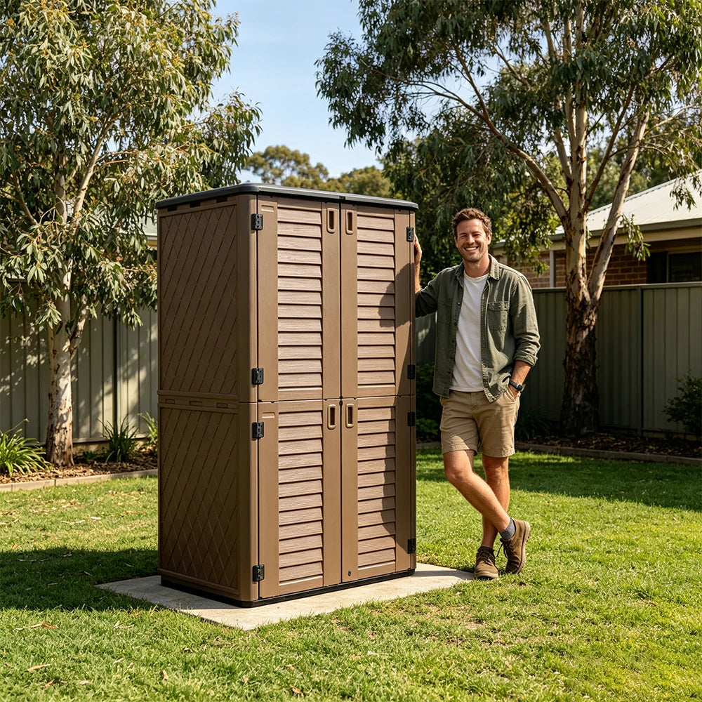 SOLARA Outdoor Storage Cabinet - Weatherproof Lockable Tall Garden Patio Tool Storage - Brown