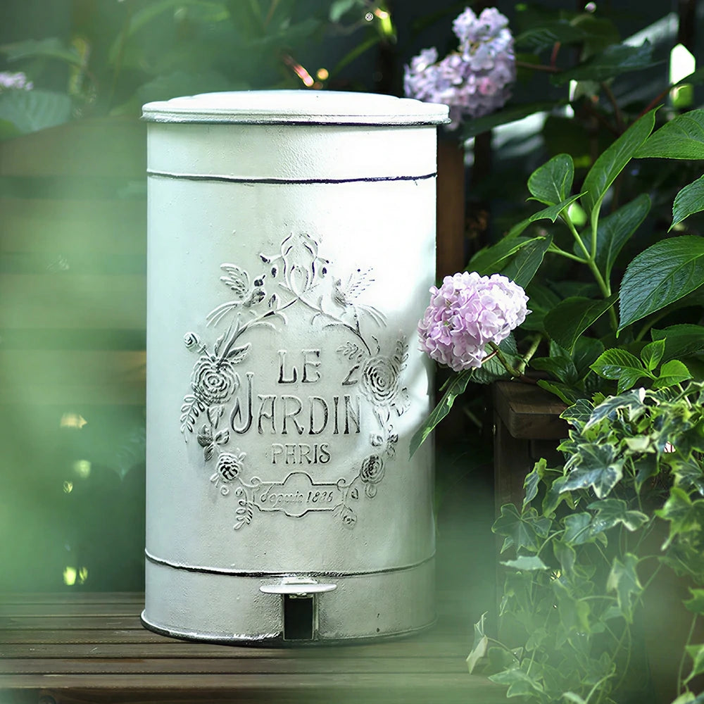 SOLARA 17L Vintage Iron Rubbish Bin - Soft Close Wide Opening Outdoor Waste Bin for Garden Backyard - White
