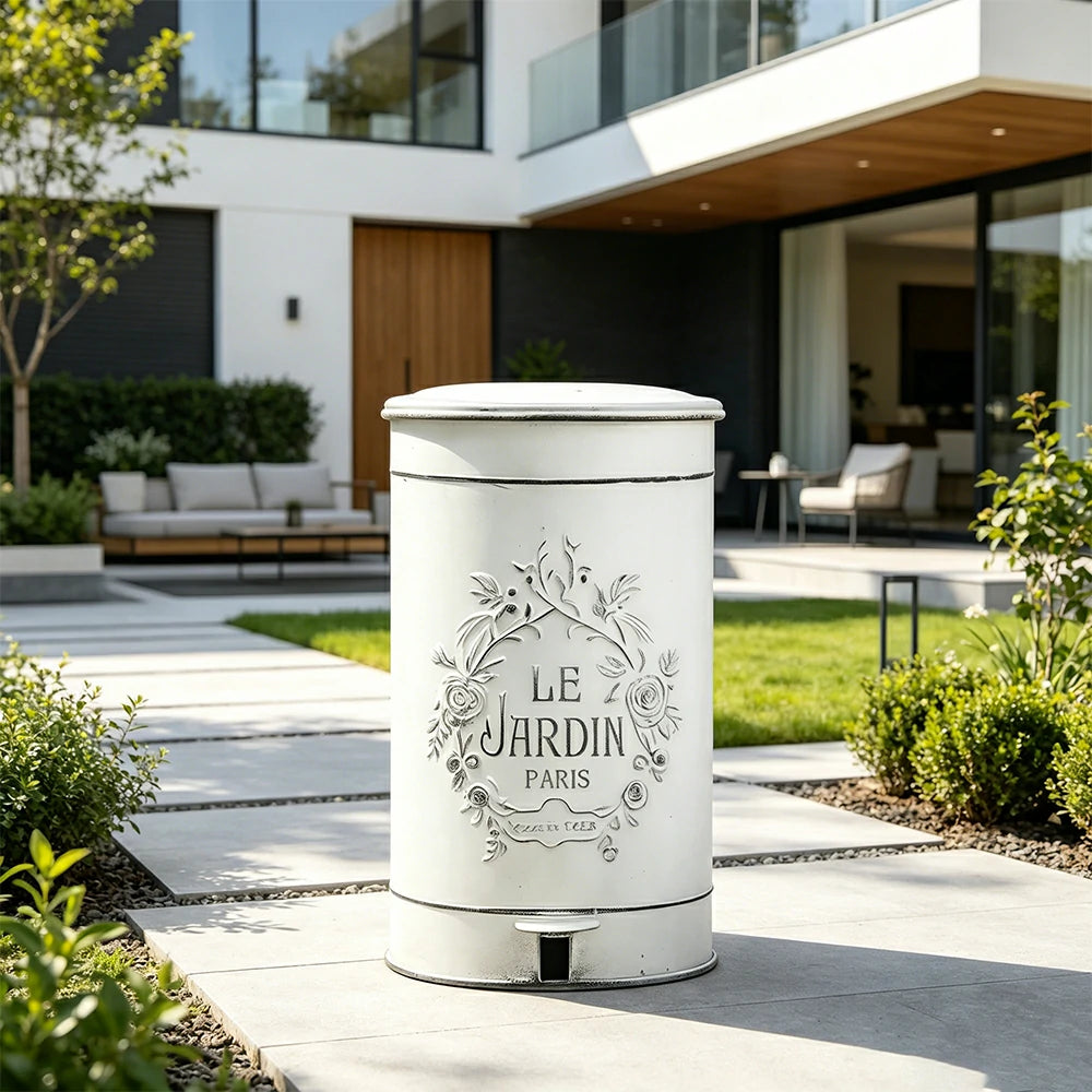 SOLARA 17L Vintage Iron Rubbish Bin - Soft Close Wide Opening Outdoor Waste Bin for Garden Backyard - White