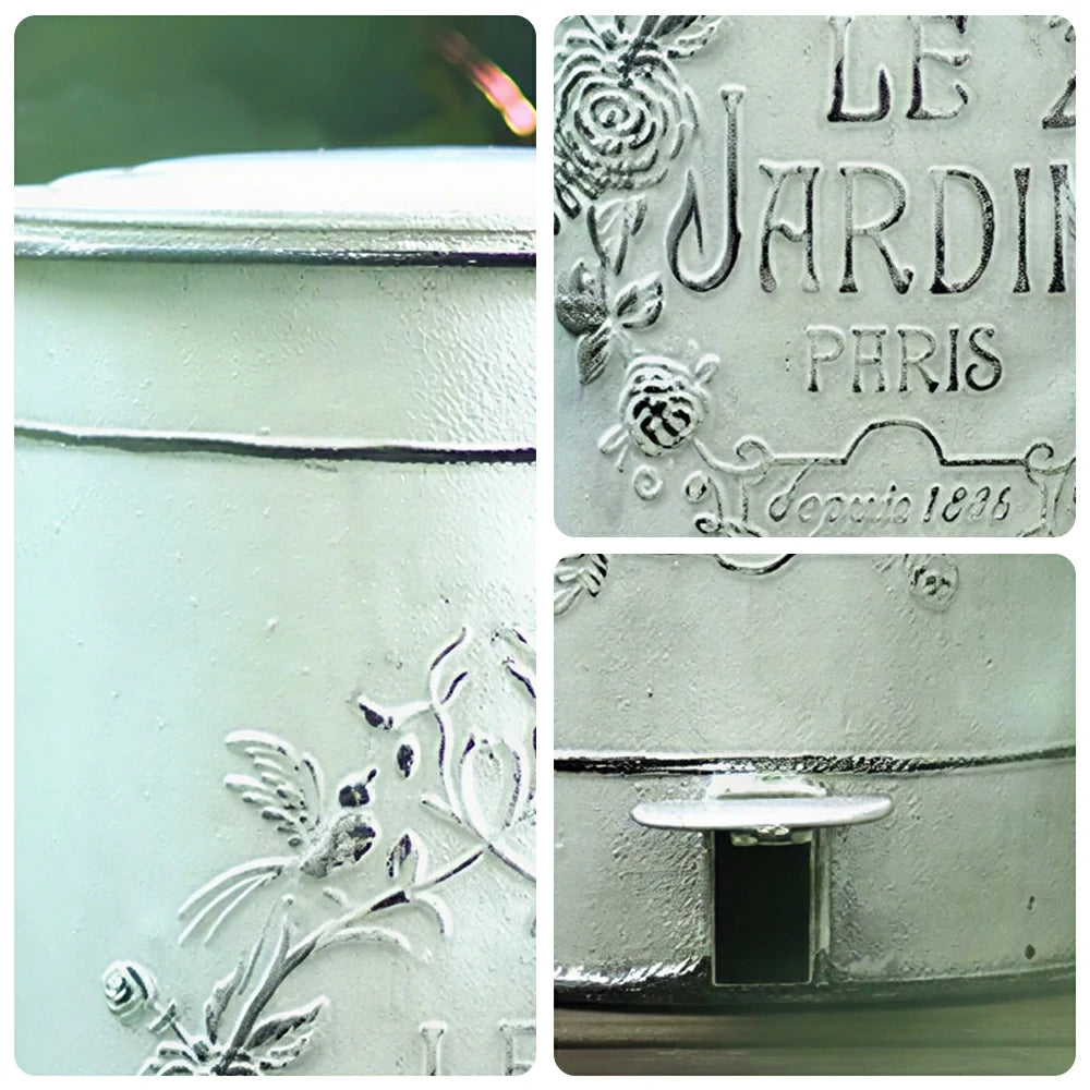 SOLARA 17L Vintage Iron Rubbish Bin - Soft Close Wide Opening Outdoor Waste Bin for Garden Backyard - White