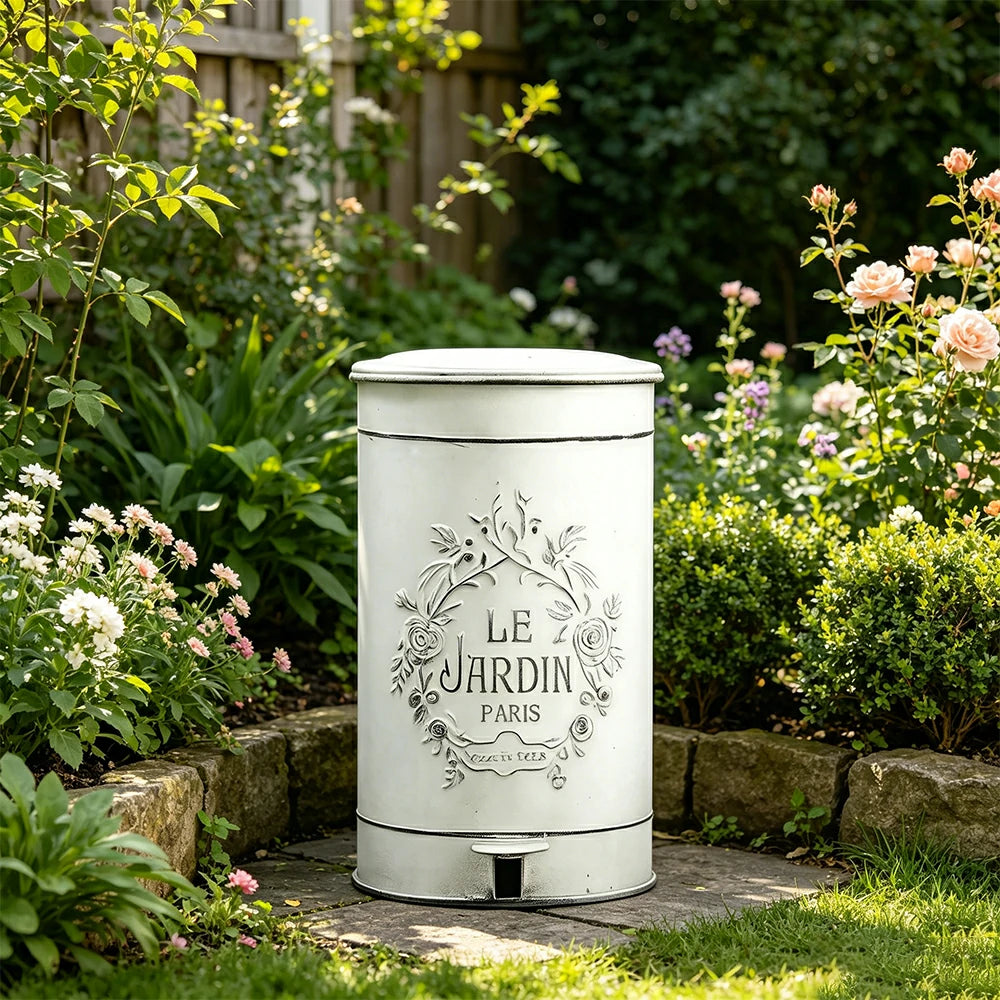 SOLARA 17L Vintage Iron Rubbish Bin - Soft Close Wide Opening Outdoor Waste Bin for Garden Backyard - White