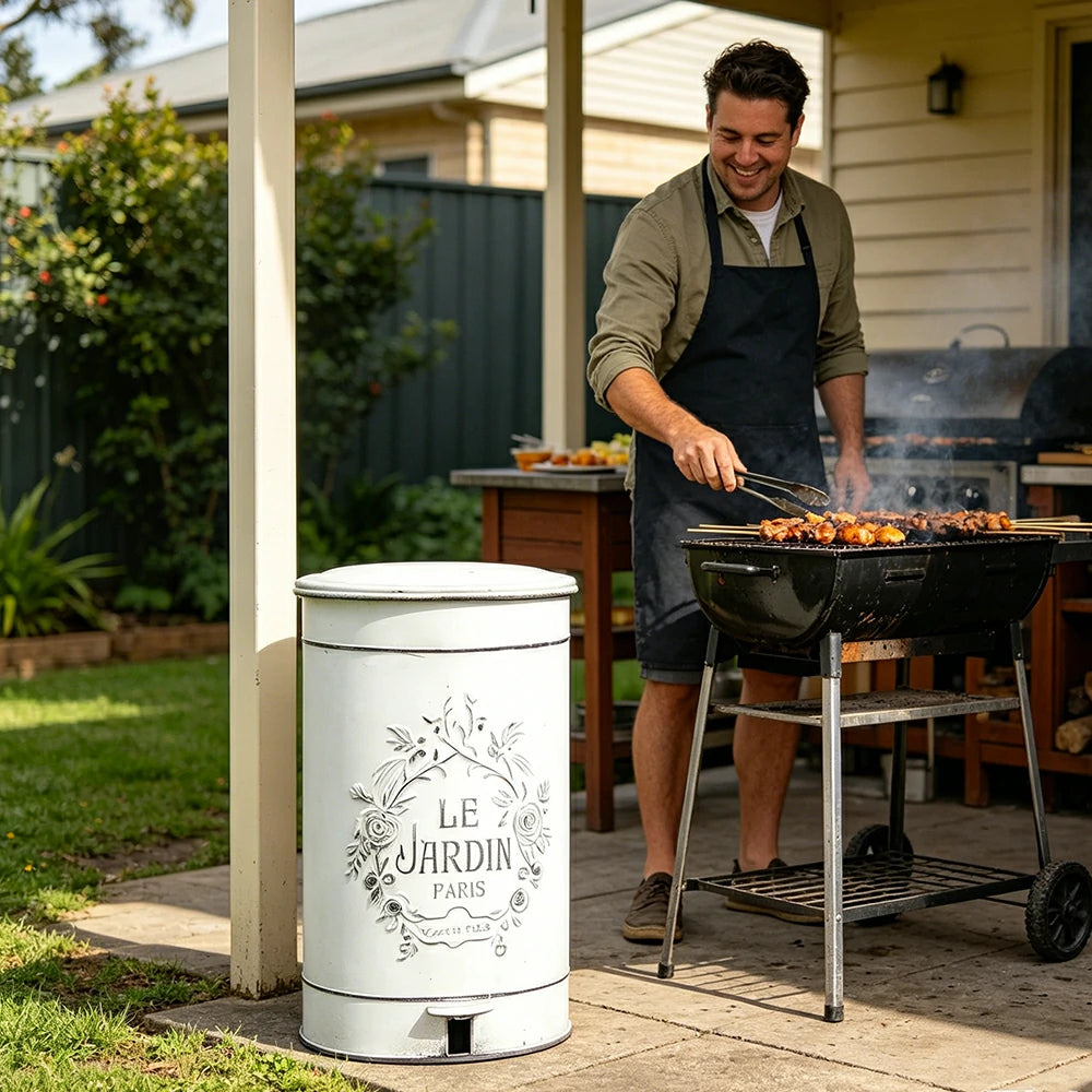 SOLARA 17L Vintage Iron Rubbish Bin - Soft Close Wide Opening Outdoor Waste Bin for Garden Backyard - White
