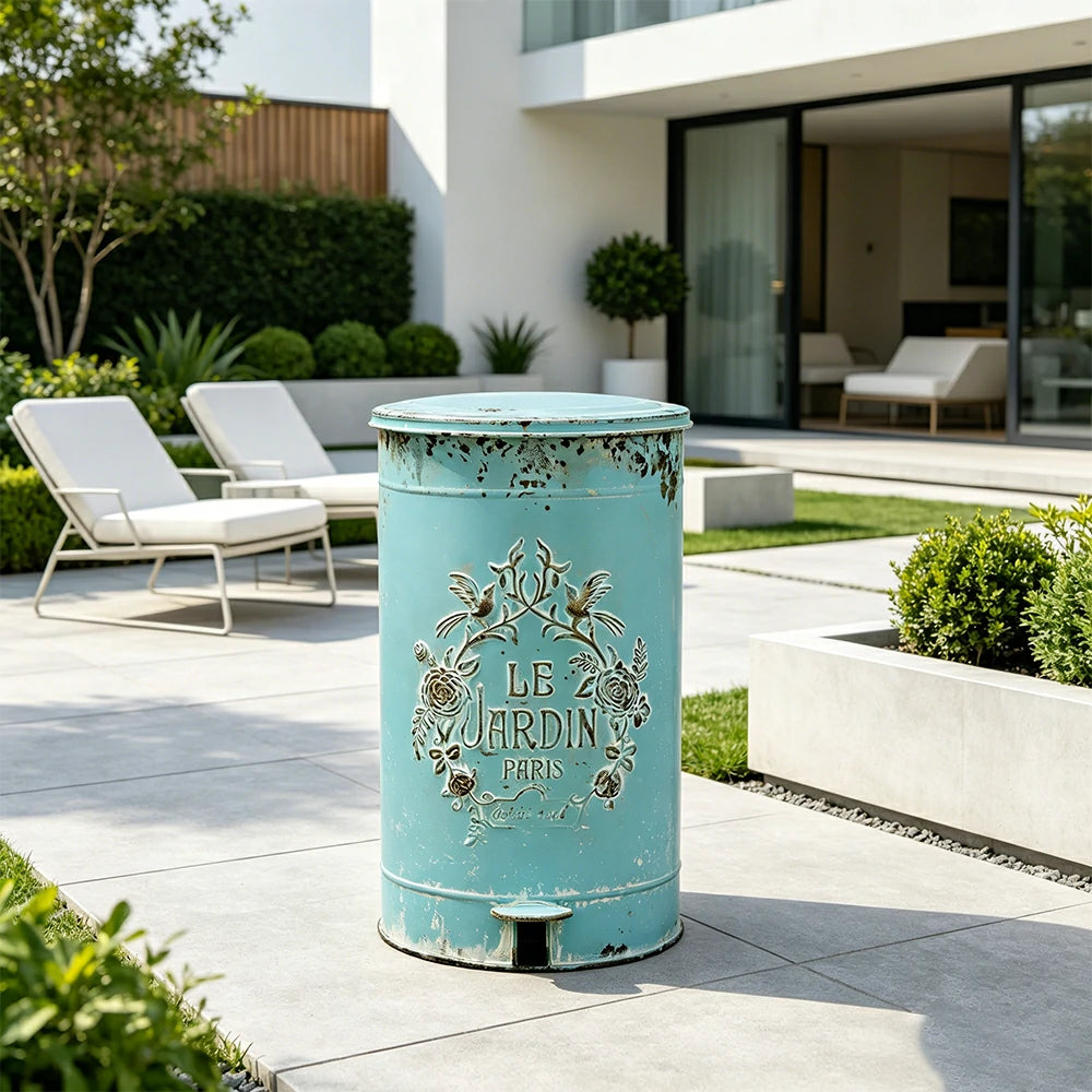 SOLARA 17L Vintage Iron Rubbish Bin - Soft Close Wide Opening Outdoor Waste Bin for Garden Backyard - Blue