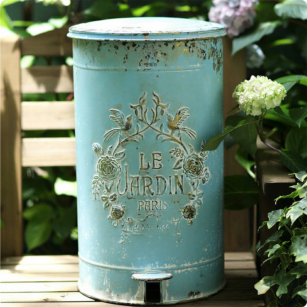 SOLARA 17L Vintage Iron Rubbish Bin - Soft Close Wide Opening Outdoor Waste Bin for Garden Backyard - Blue