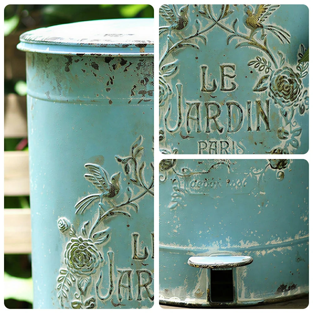 SOLARA 17L Vintage Iron Rubbish Bin - Soft Close Wide Opening Outdoor Waste Bin for Garden Backyard - Blue