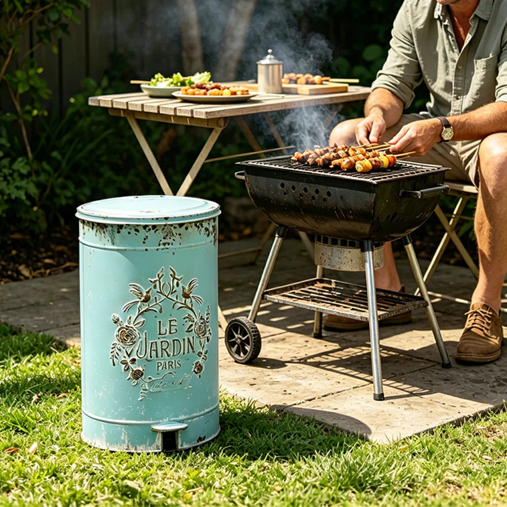 SOLARA 17L Vintage Iron Rubbish Bin - Soft Close Wide Opening Outdoor Waste Bin for Garden Backyard - Blue