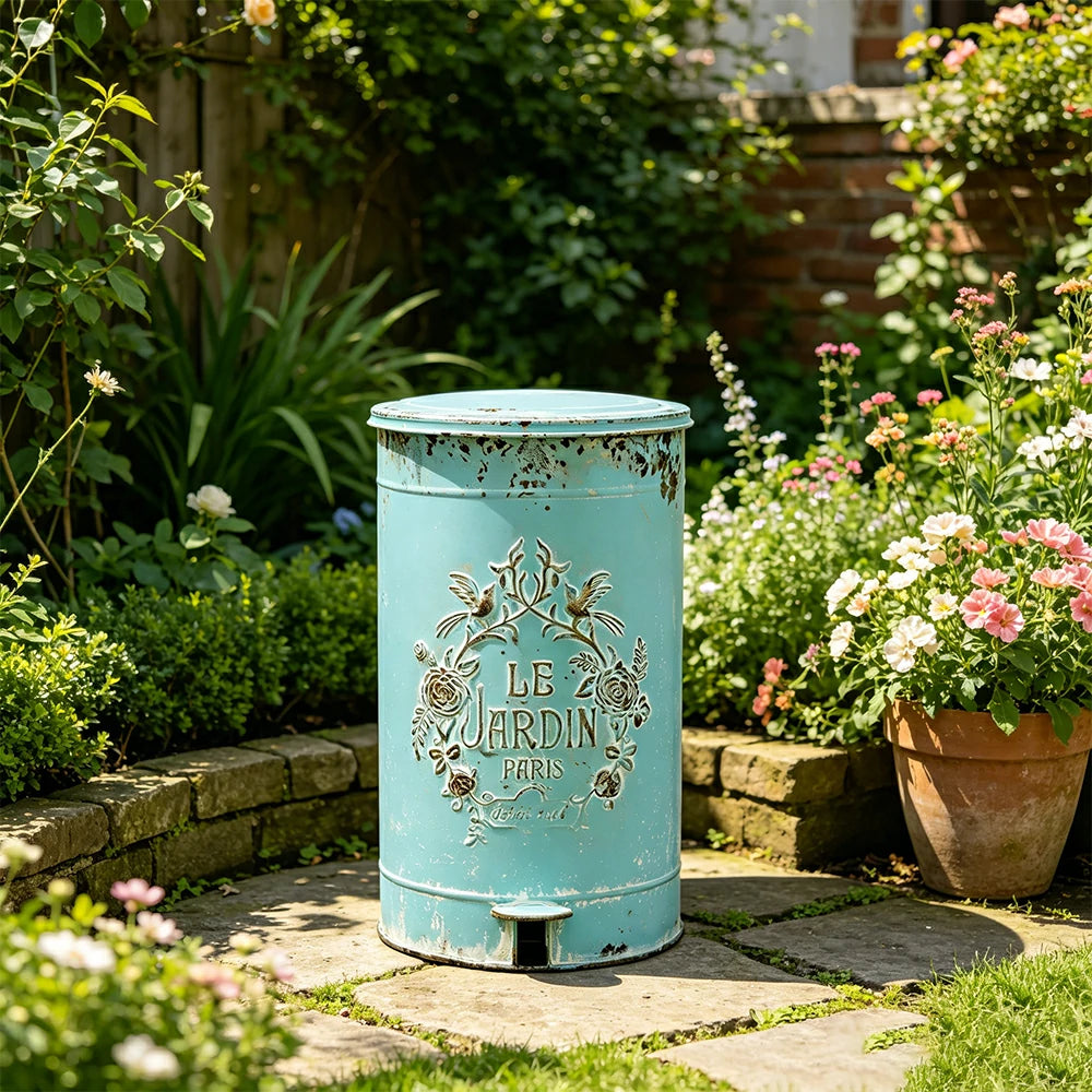 SOLARA 17L Vintage Iron Rubbish Bin - Soft Close Wide Opening Outdoor Waste Bin for Garden Backyard - Blue