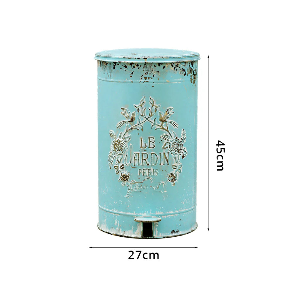 SOLARA 17L Vintage Iron Rubbish Bin - Soft Close Wide Opening Outdoor Waste Bin for Garden Backyard - Blue