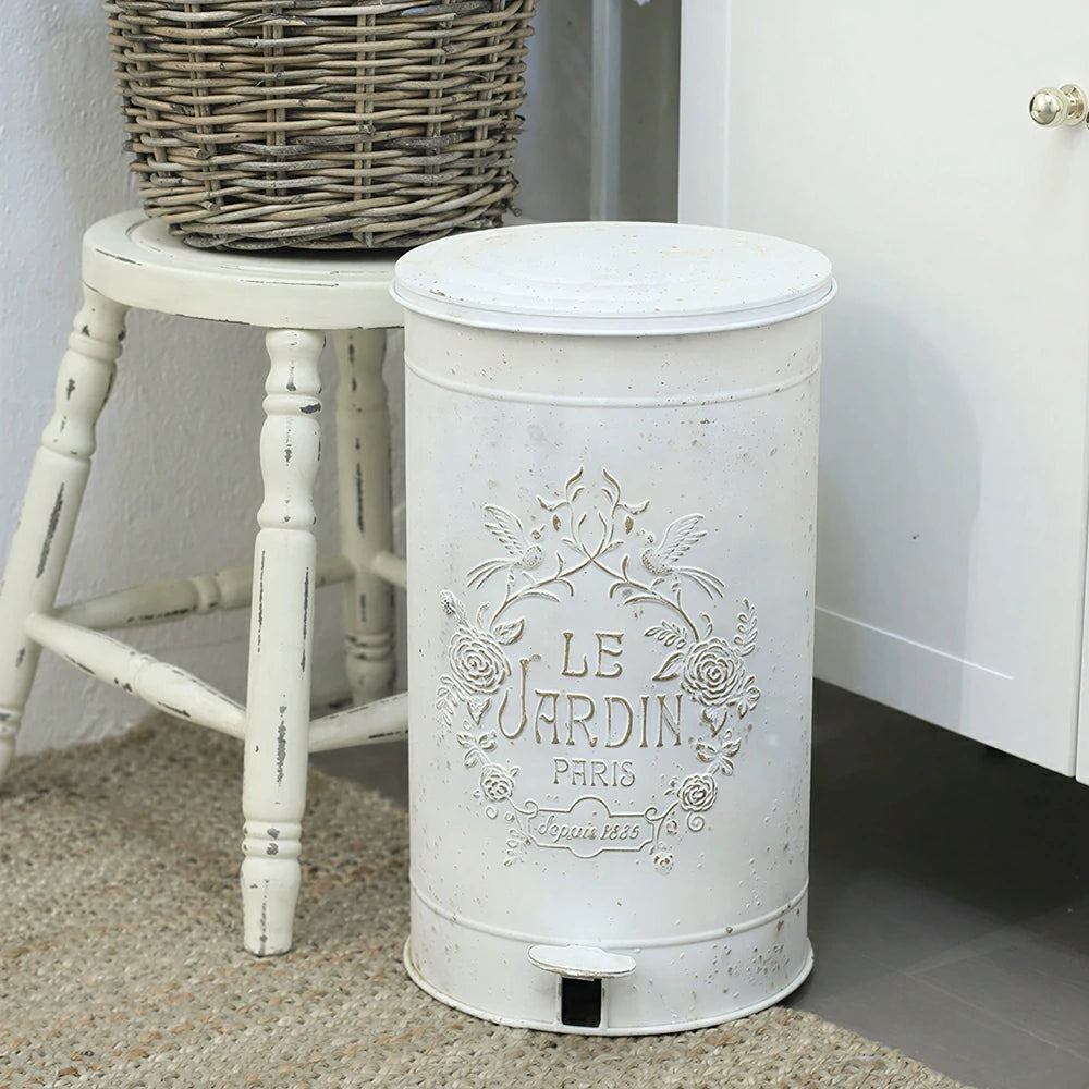 SOLARA 17L Vintage Iron Rubbish Bin - Soft Close Wide Opening Outdoor Waste Bin for Garden Backyard - White & Gold