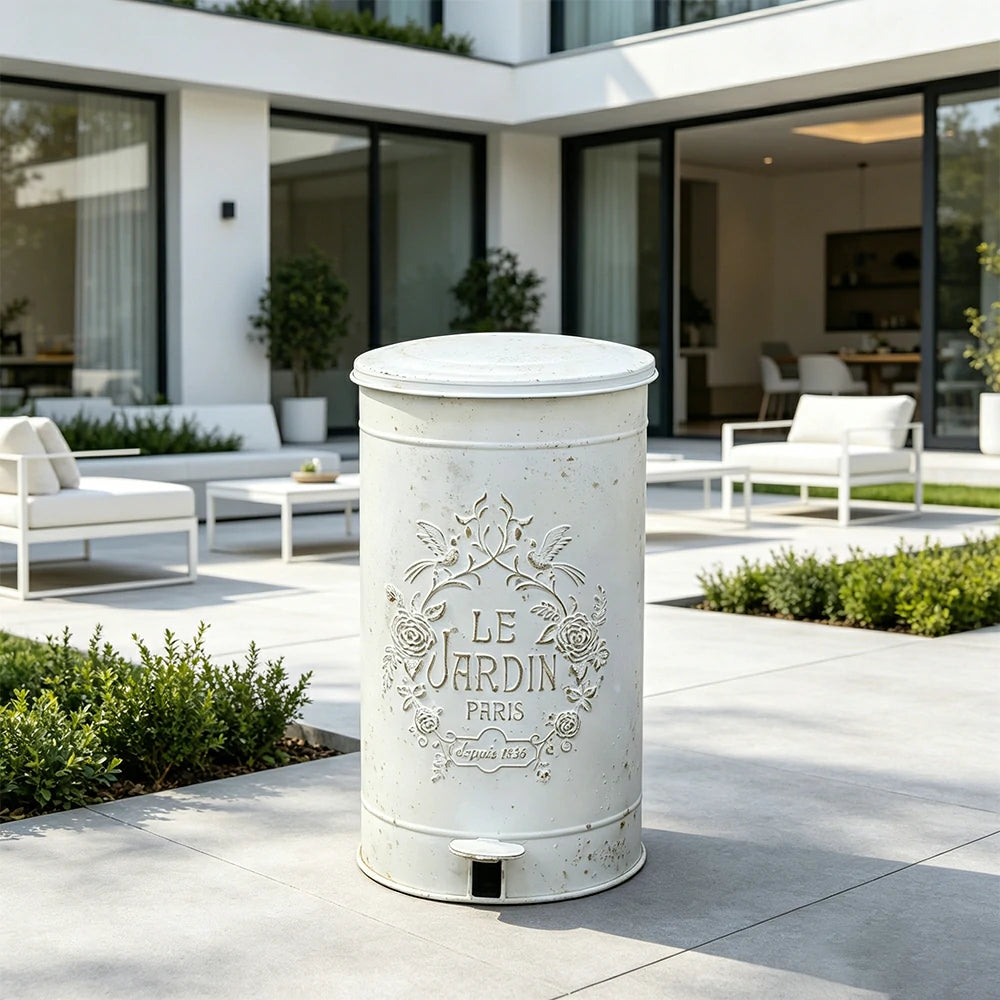 SOLARA 17L Vintage Iron Rubbish Bin - Soft Close Wide Opening Outdoor Waste Bin for Garden Backyard - White & Gold