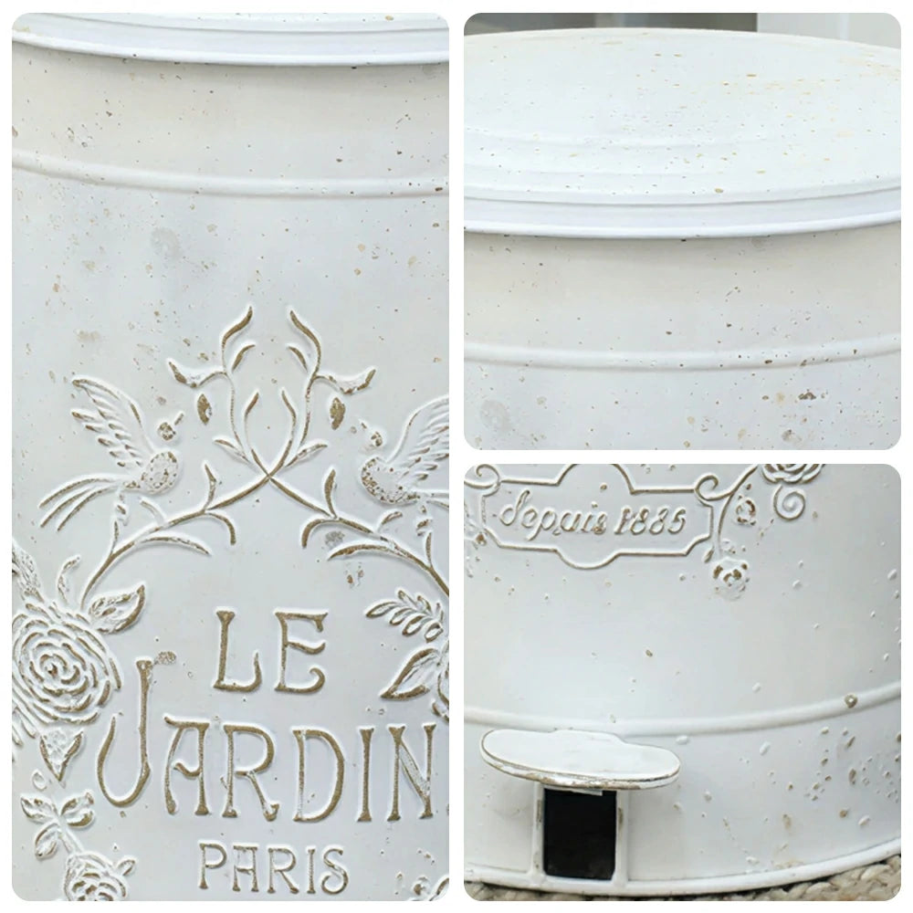 SOLARA 17L Vintage Iron Rubbish Bin - Soft Close Wide Opening Outdoor Waste Bin for Garden Backyard - White & Gold