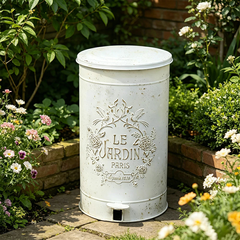 SOLARA 17L Vintage Iron Rubbish Bin - Soft Close Wide Opening Outdoor Waste Bin for Garden Backyard - White & Gold