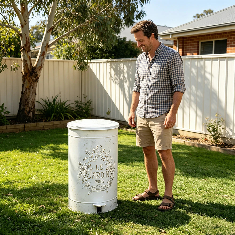 SOLARA 17L Vintage Iron Rubbish Bin - Soft Close Wide Opening Outdoor Waste Bin for Garden Backyard - White & Gold