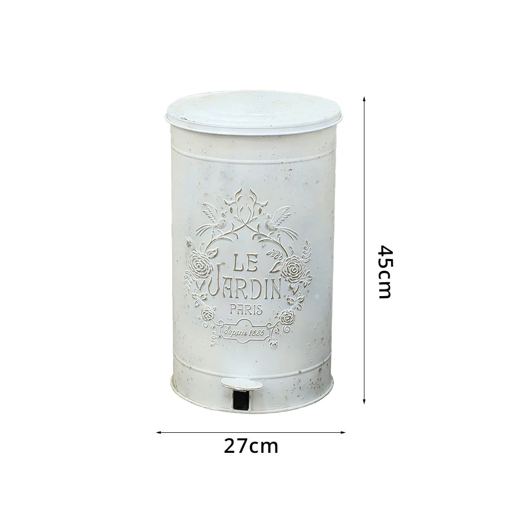 SOLARA 17L Vintage Iron Rubbish Bin - Soft Close Wide Opening Outdoor Waste Bin for Garden Backyard - White & Gold