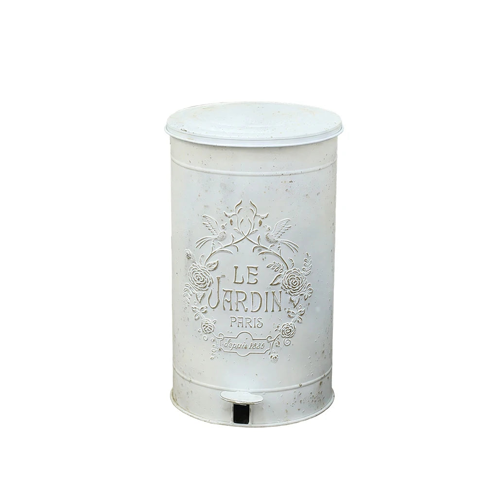 SOLARA 17L Vintage Iron Rubbish Bin - Soft Close Wide Opening Outdoor Waste Bin for Garden Backyard - White & Gold