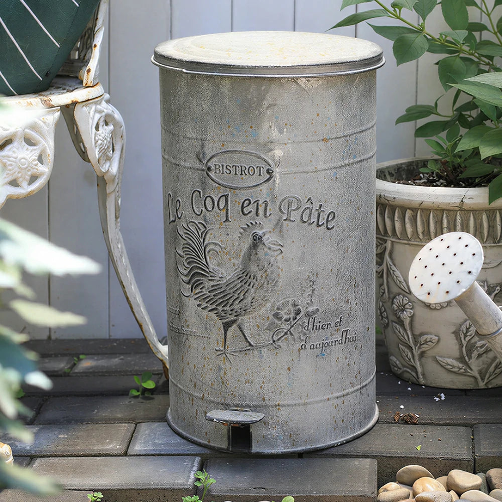 SOLARA 17L Vintage Iron Rubbish Bin - Soft Close Wide Opening Outdoor Waste Bin for Garden Backyard - Grey