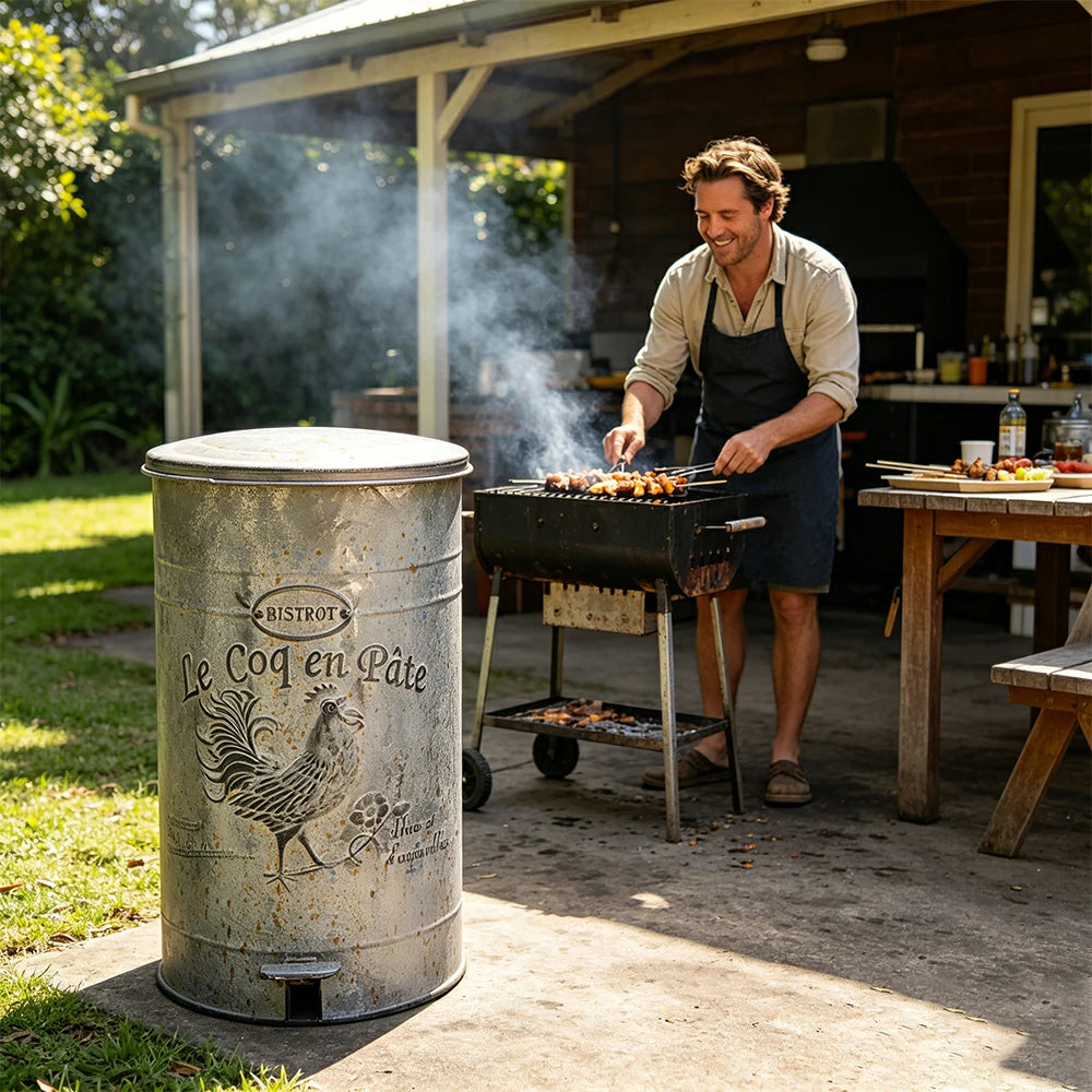 SOLARA 17L Vintage Iron Rubbish Bin - Soft Close Wide Opening Outdoor Waste Bin for Garden Backyard - Grey