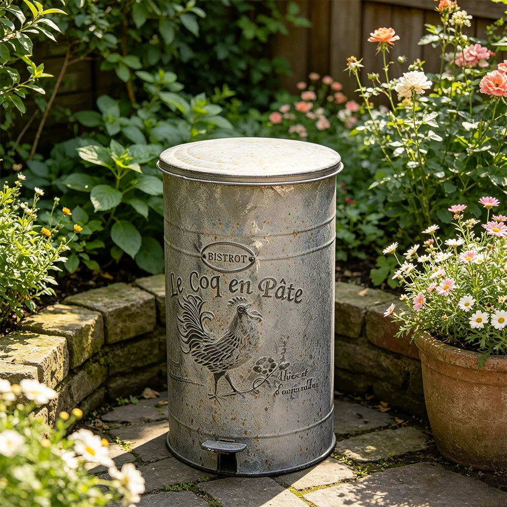 SOLARA 17L Vintage Iron Rubbish Bin - Soft Close Wide Opening Outdoor Waste Bin for Garden Backyard - Grey