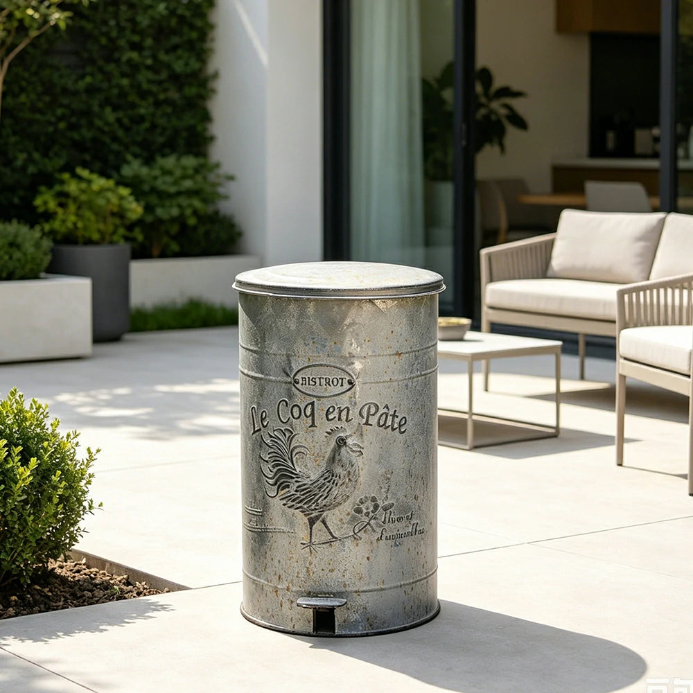 SOLARA 17L Vintage Iron Rubbish Bin - Soft Close Wide Opening Outdoor Waste Bin for Garden Backyard - Grey