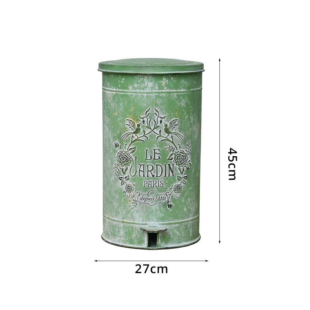 SOLARA 17L Vintage Iron Rubbish Bin - Soft Close Wide Opening Outdoor Waste Bin for Garden Backyard - Green