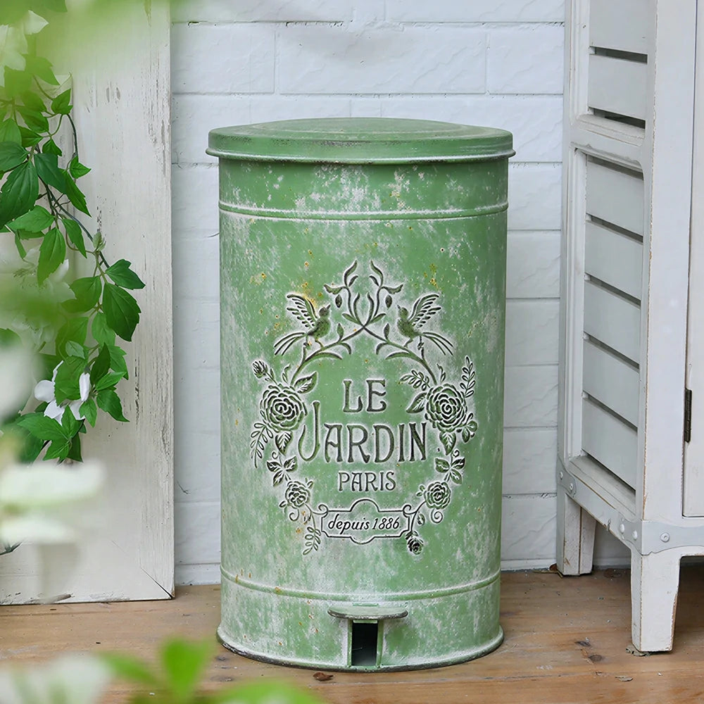 SOLARA 17L Vintage Iron Rubbish Bin - Soft Close Wide Opening Outdoor Waste Bin for Garden Backyard - Green