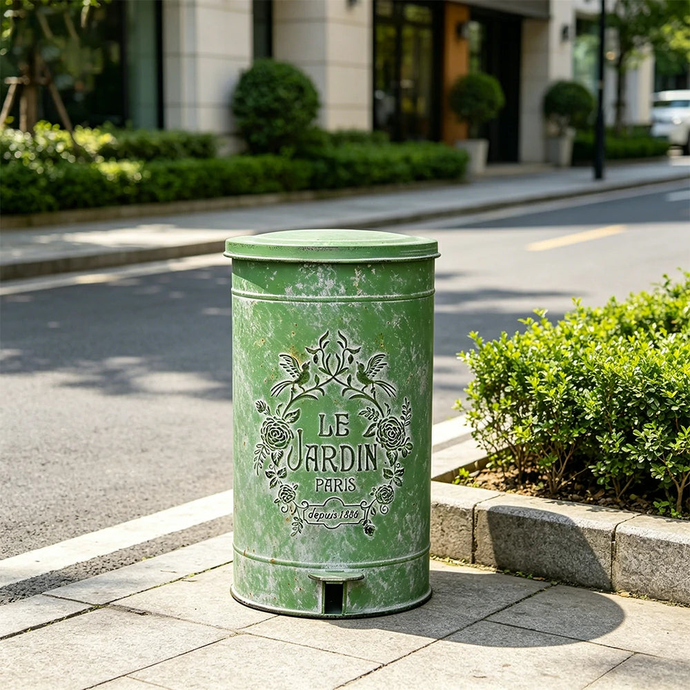 SOLARA 17L Vintage Iron Rubbish Bin - Soft Close Wide Opening Outdoor Waste Bin for Garden Backyard - Green