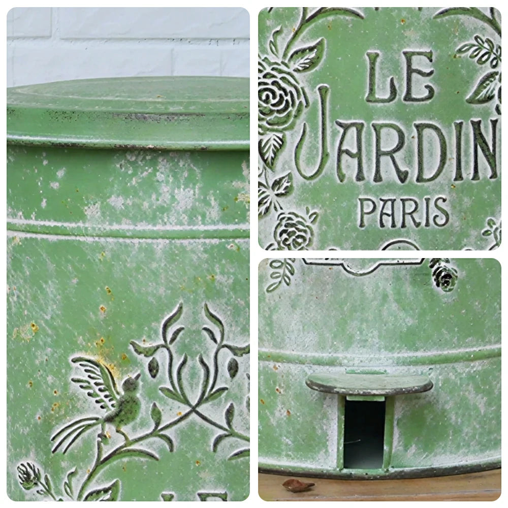 SOLARA 17L Vintage Iron Rubbish Bin - Soft Close Wide Opening Outdoor Waste Bin for Garden Backyard - Green