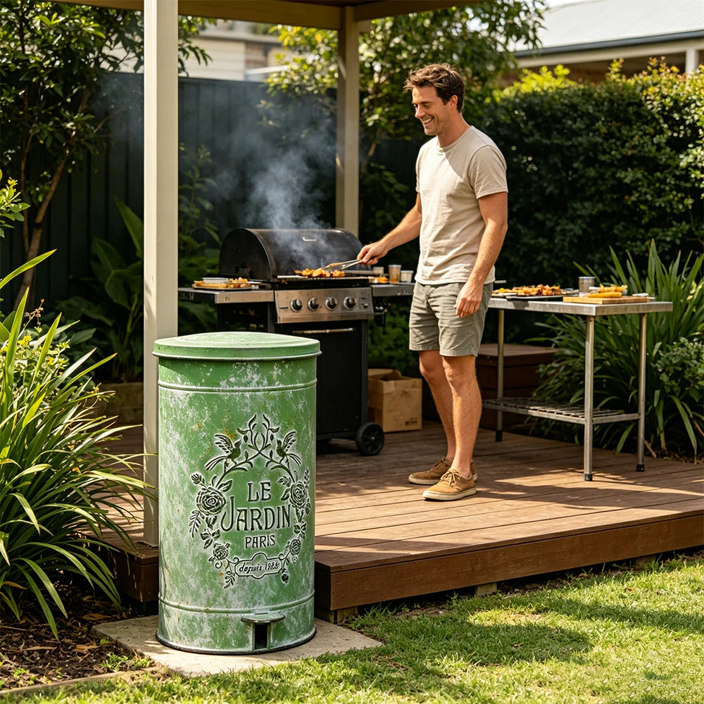 SOLARA 17L Vintage Iron Rubbish Bin - Soft Close Wide Opening Outdoor Waste Bin for Garden Backyard - Green