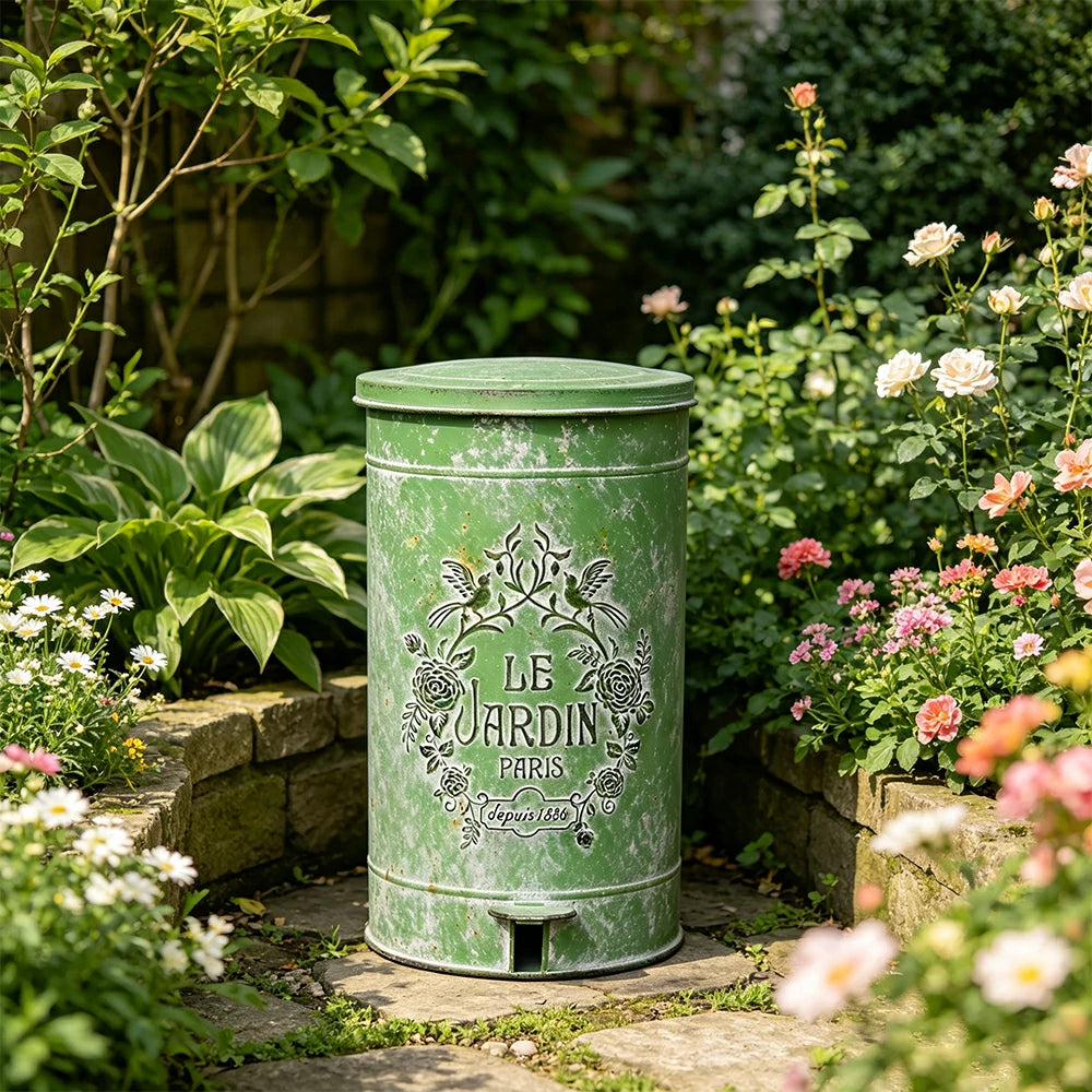 SOLARA 17L Vintage Iron Rubbish Bin - Soft Close Wide Opening Outdoor Waste Bin for Garden Backyard - Green