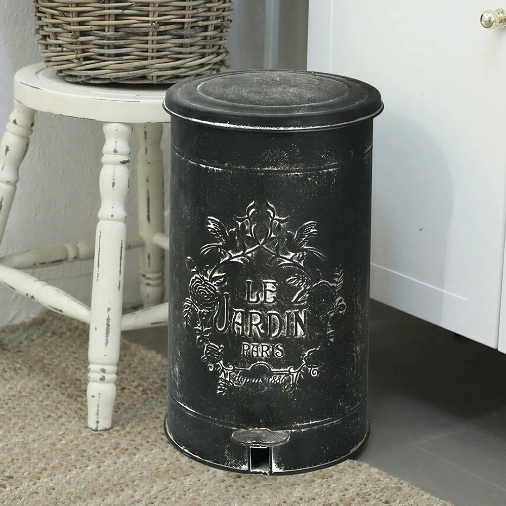 SOLARA 17L Vintage Iron Rubbish Bin - Soft Close Wide Opening Outdoor Waste Bin for Garden Backyard - Black