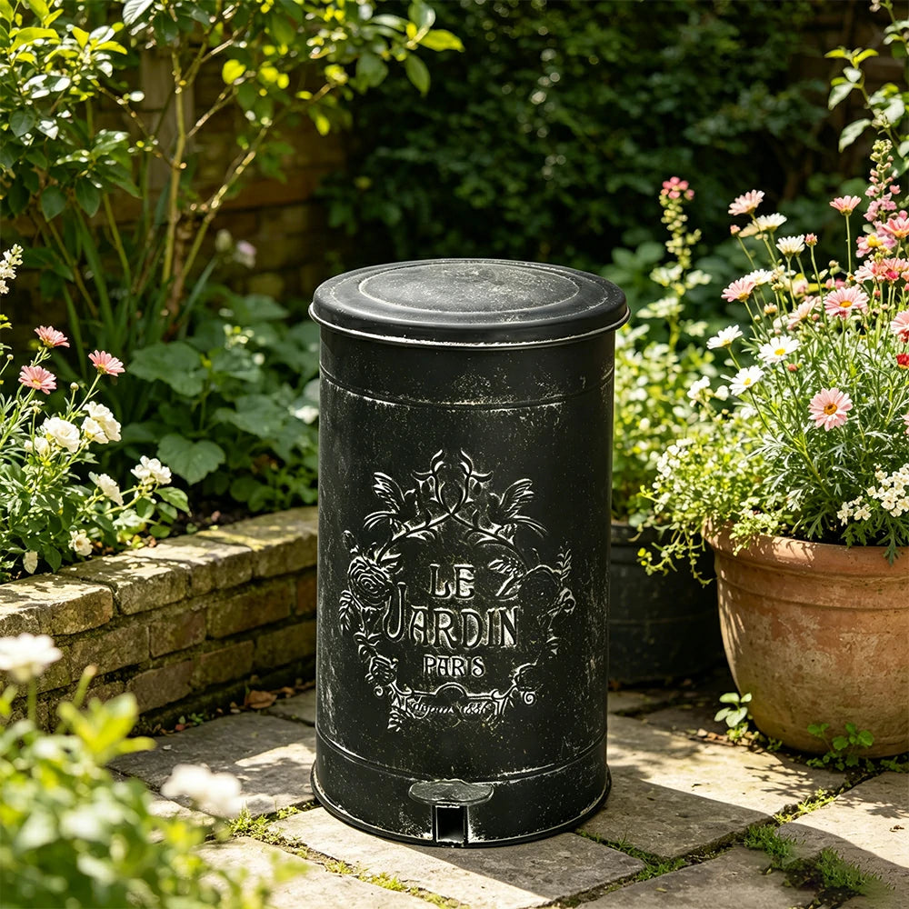 SOLARA 17L Vintage Iron Rubbish Bin - Soft Close Wide Opening Outdoor Waste Bin for Garden Backyard - Black