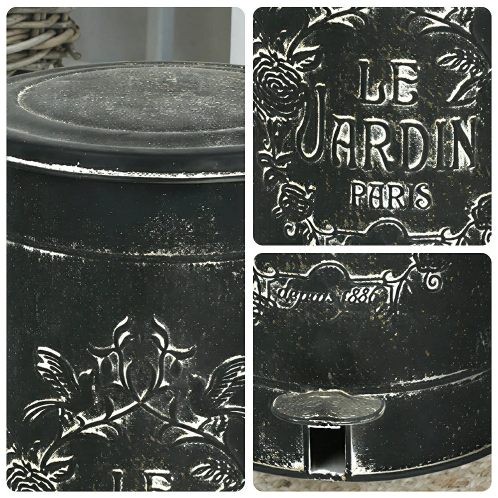 SOLARA 17L Vintage Iron Rubbish Bin - Soft Close Wide Opening Outdoor Waste Bin for Garden Backyard - Black