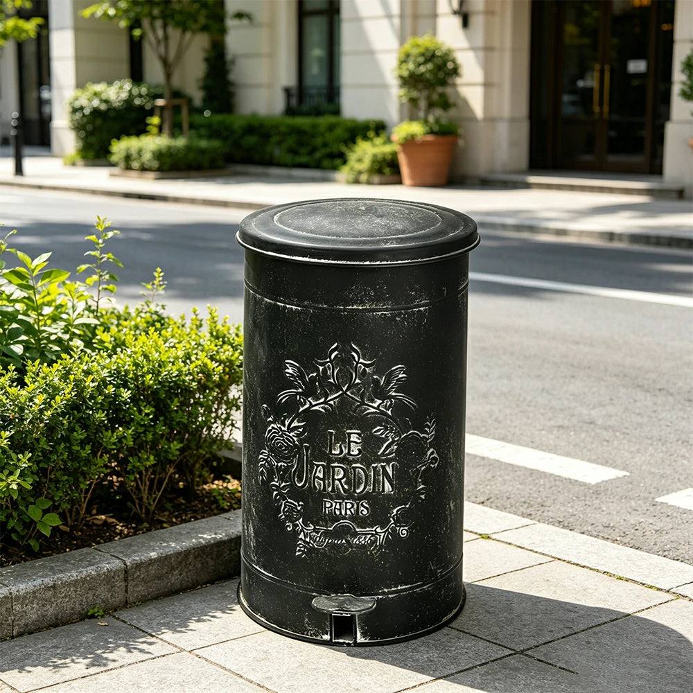 SOLARA 17L Vintage Iron Rubbish Bin - Soft Close Wide Opening Outdoor Waste Bin for Garden Backyard - Black