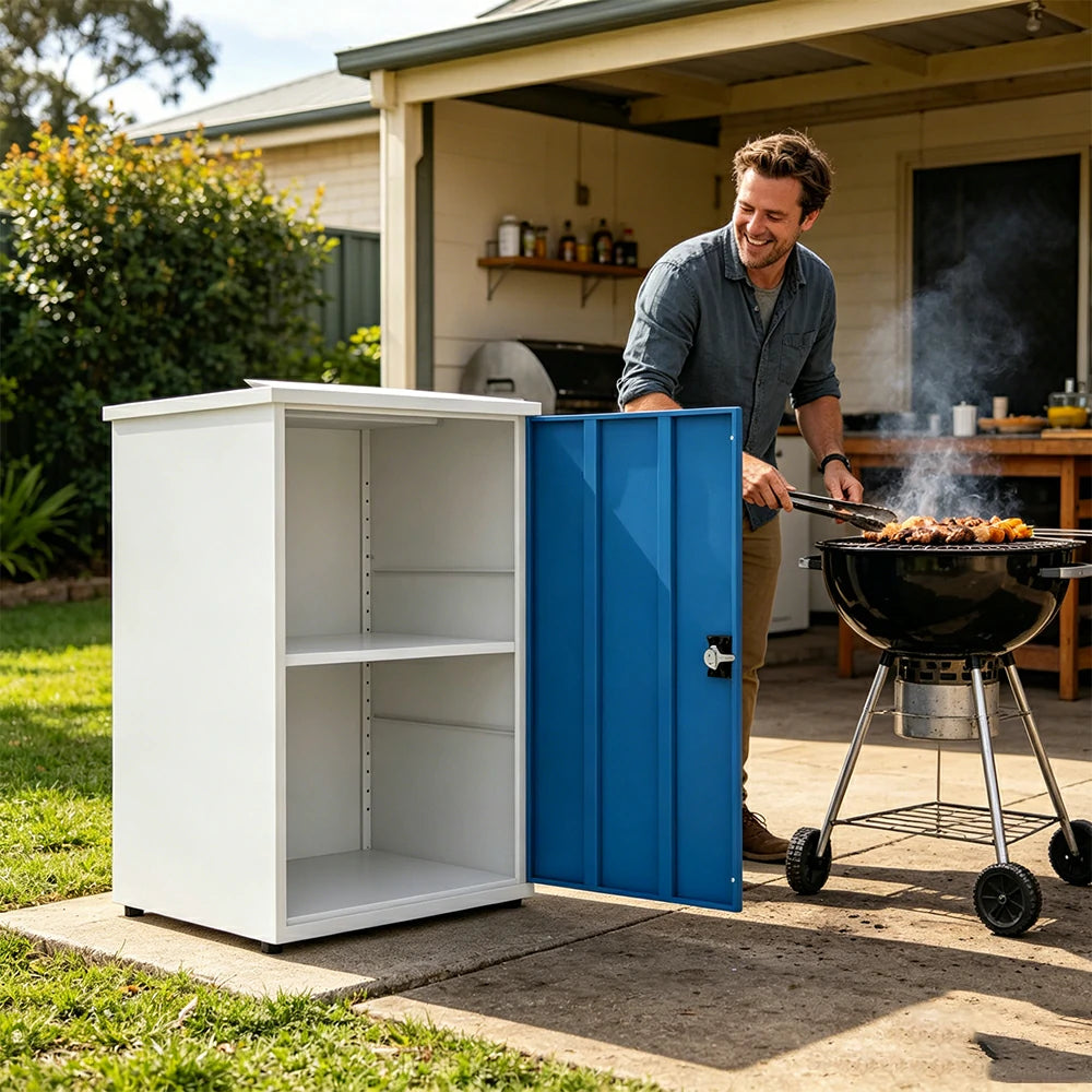 SOLARA Single Door Outdoor Storage Cabinet - Weather Resistant Adjustable Shelf Garden Balcony Utility Cabinet - White & Blue
