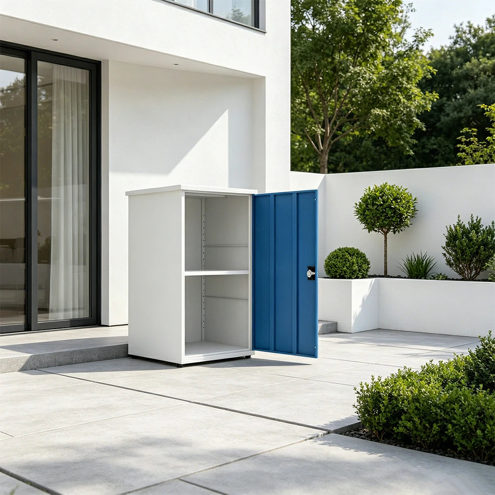SOLARA Single Door Outdoor Storage Cabinet - Weather Resistant Adjustable Shelf Garden Balcony Utility Cabinet - White & Blue