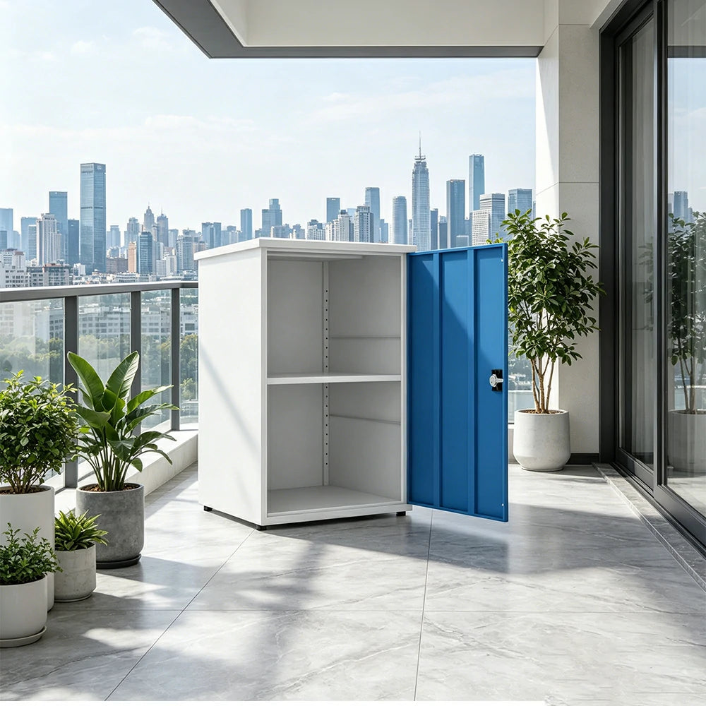SOLARA Single Door Outdoor Storage Cabinet - Weather Resistant Adjustable Shelf Garden Balcony Utility Cabinet - White & Blue