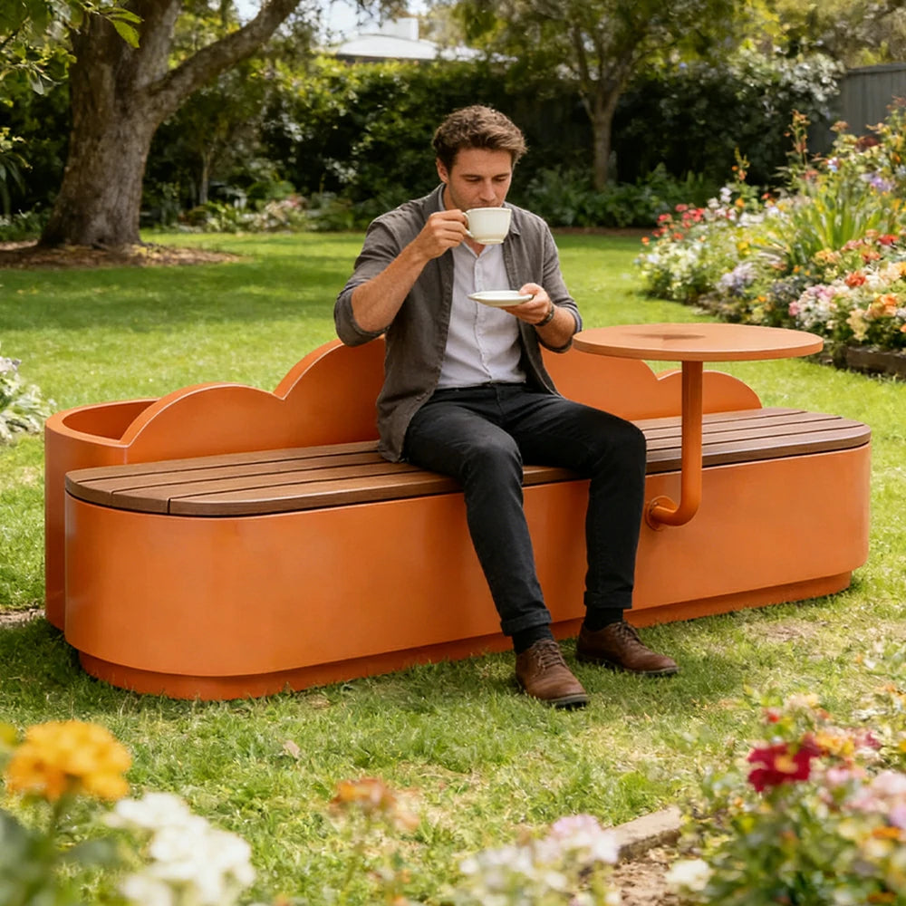 SOLARA 150/180/200cm Planter Bench with Side Table Thick Carbon Steel Structure for Garden Park Commercial Space - Orange