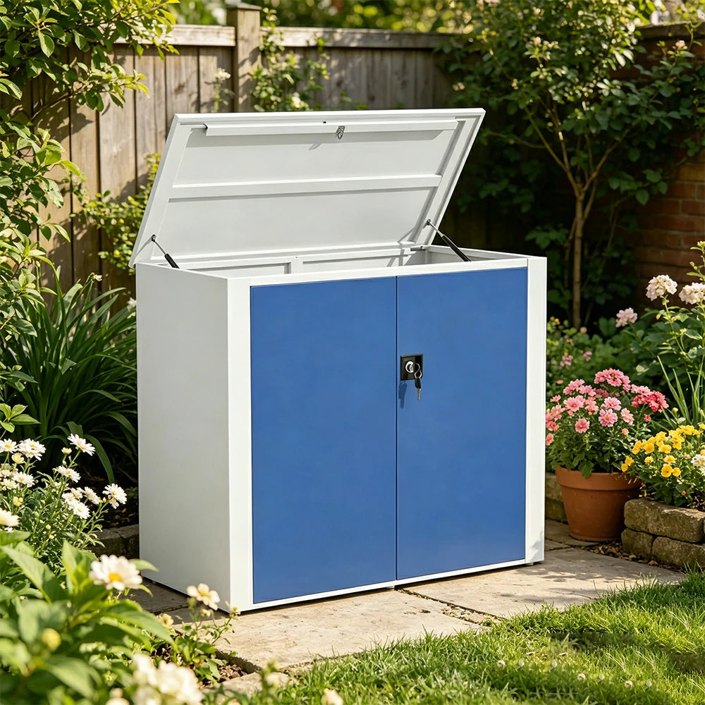 SOLARA 3 Door Outdoor Storage Cabinet - Weather Resistant Adjustable Shelves Utility Cabinet for Garden Balcony - White & Blue