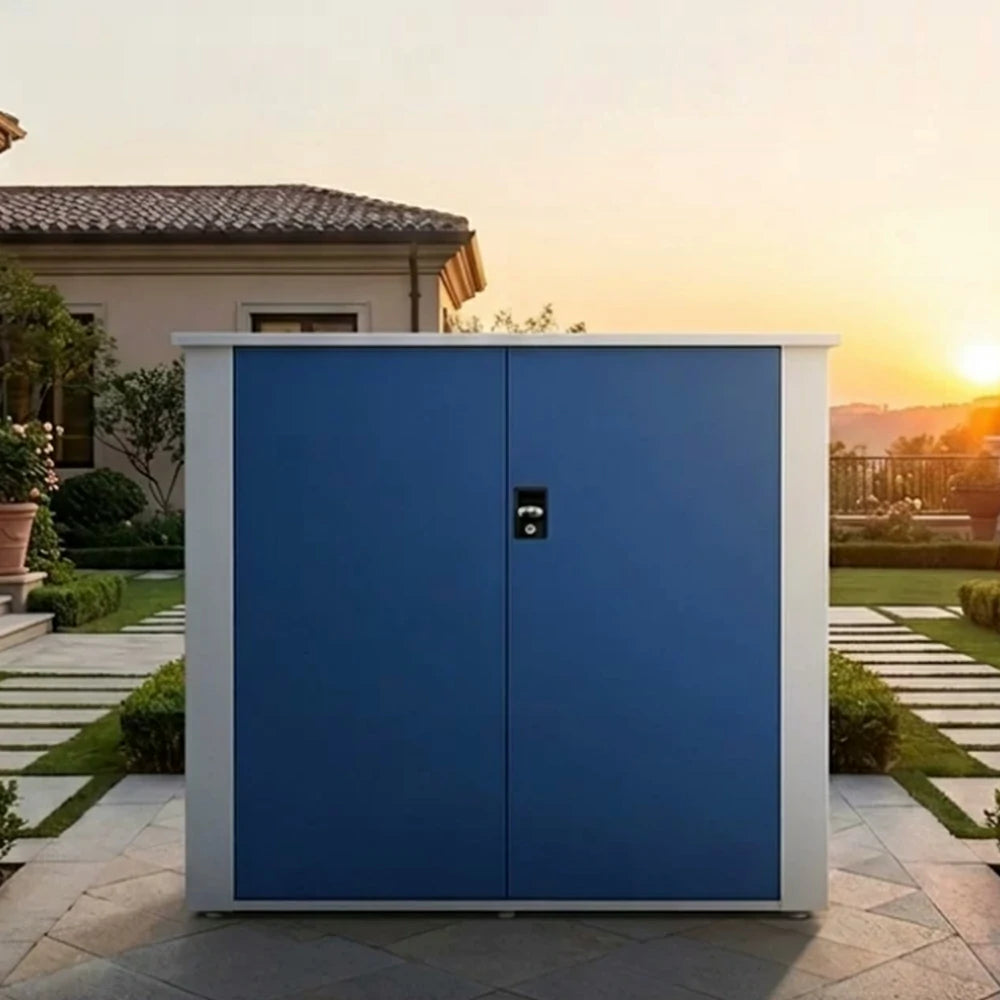 SOLARA Single Door Outdoor Storage Cabinet - Weather Resistant Wide Opening Utility Cabinet for Garden Balcony - White & Blue