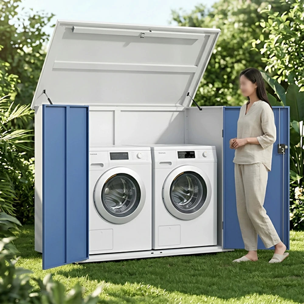 SOLARA Single Door Outdoor Storage Cabinet - Weather Resistant Wide Opening Utility Cabinet for Garden Balcony - White & Blue