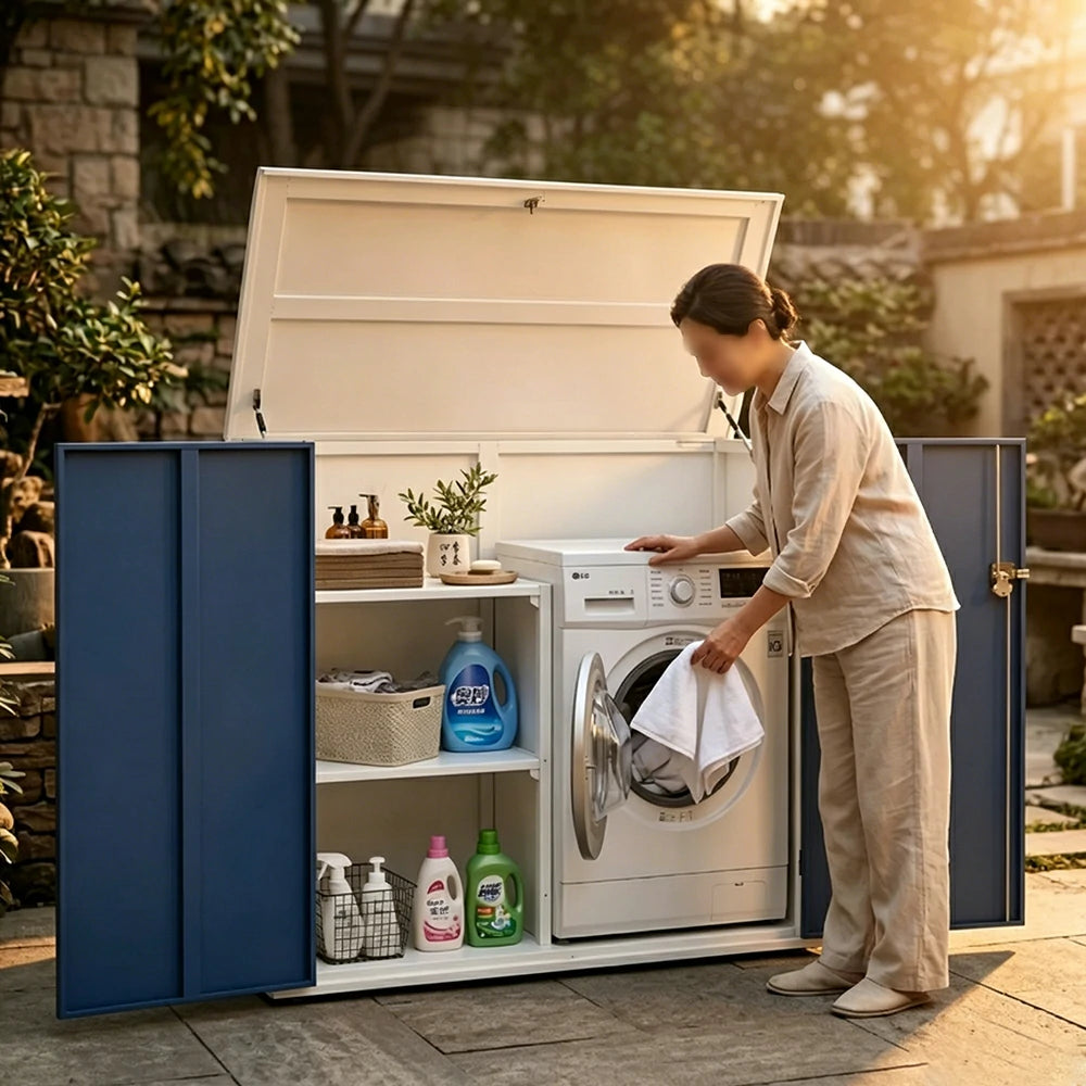 SOLARA 3 Door Outdoor Storage Cabinet - Weather Resistant Adjustable Shelves Utility Cabinet for Garden Balcony - White & Blue