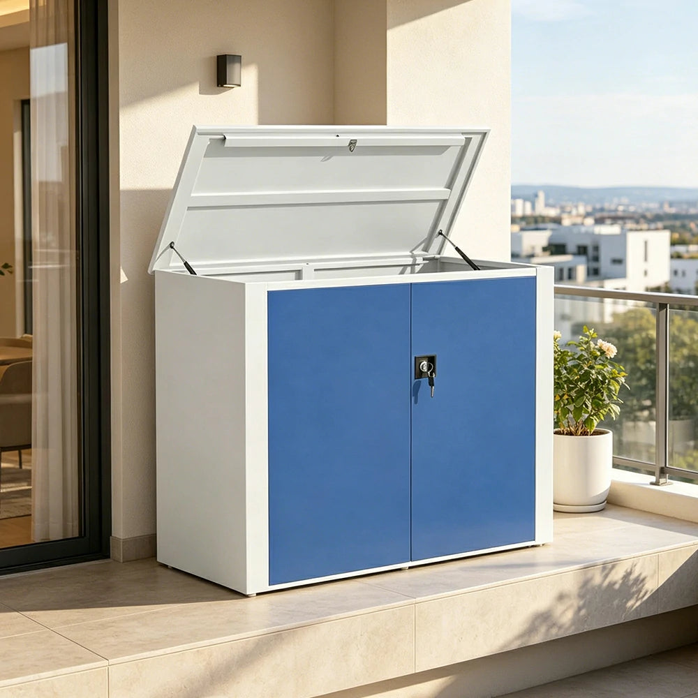 SOLARA 3 Door Outdoor Storage Cabinet - Weather Resistant Adjustable Shelves Utility Cabinet for Garden Balcony - White & Blue