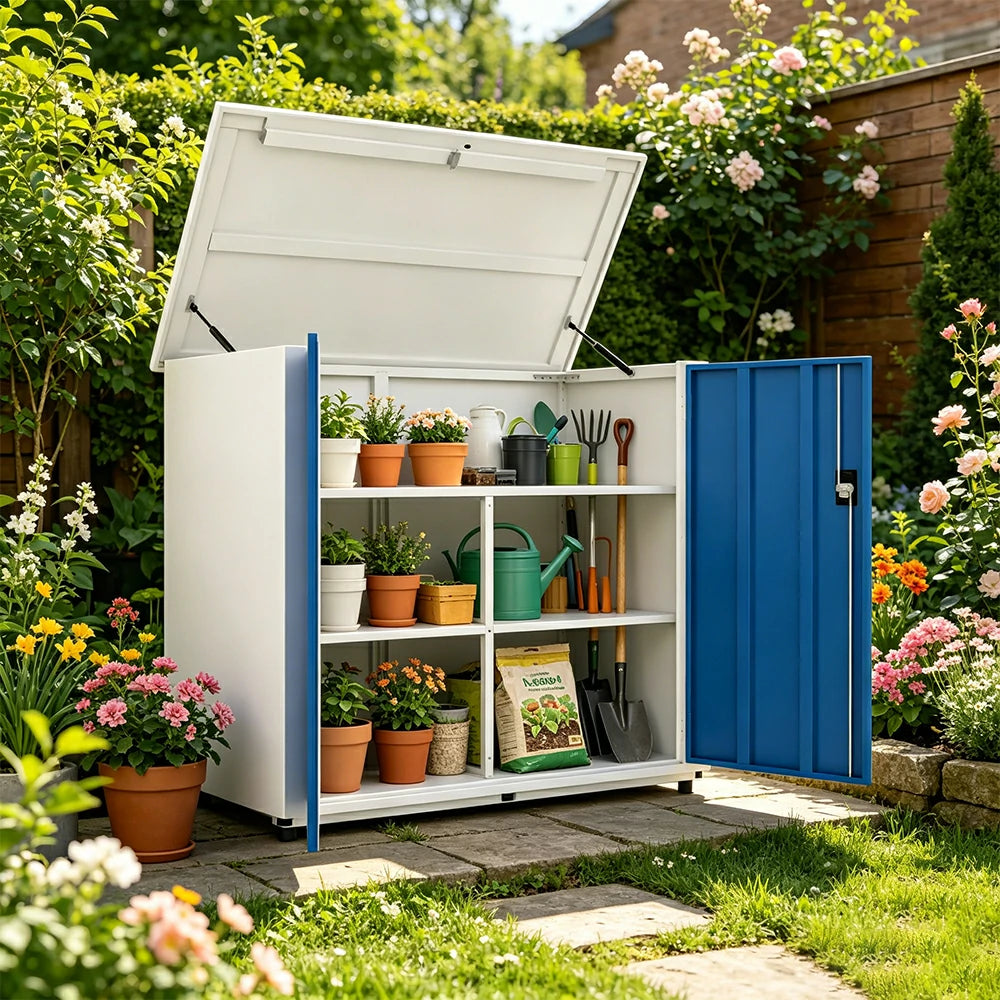 SOLARA 3 Door Outdoor Storage Cabinet - Weather Resistant 4 Shelf Utility Cabinet for Garden Balcony - White & Blue