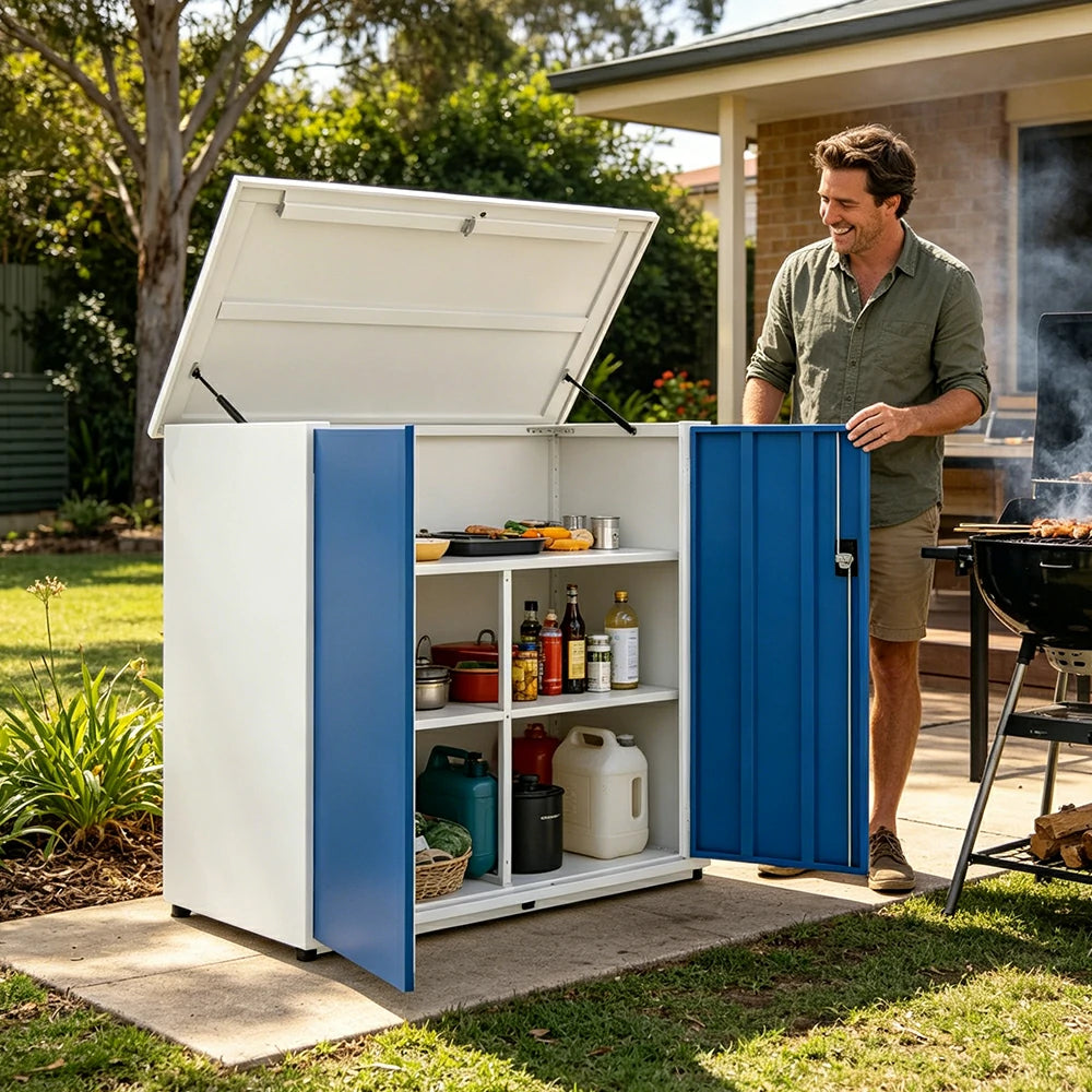 SOLARA 3 Door Outdoor Storage Cabinet - Weather Resistant 4 Shelf Utility Cabinet for Garden Balcony - White & Blue