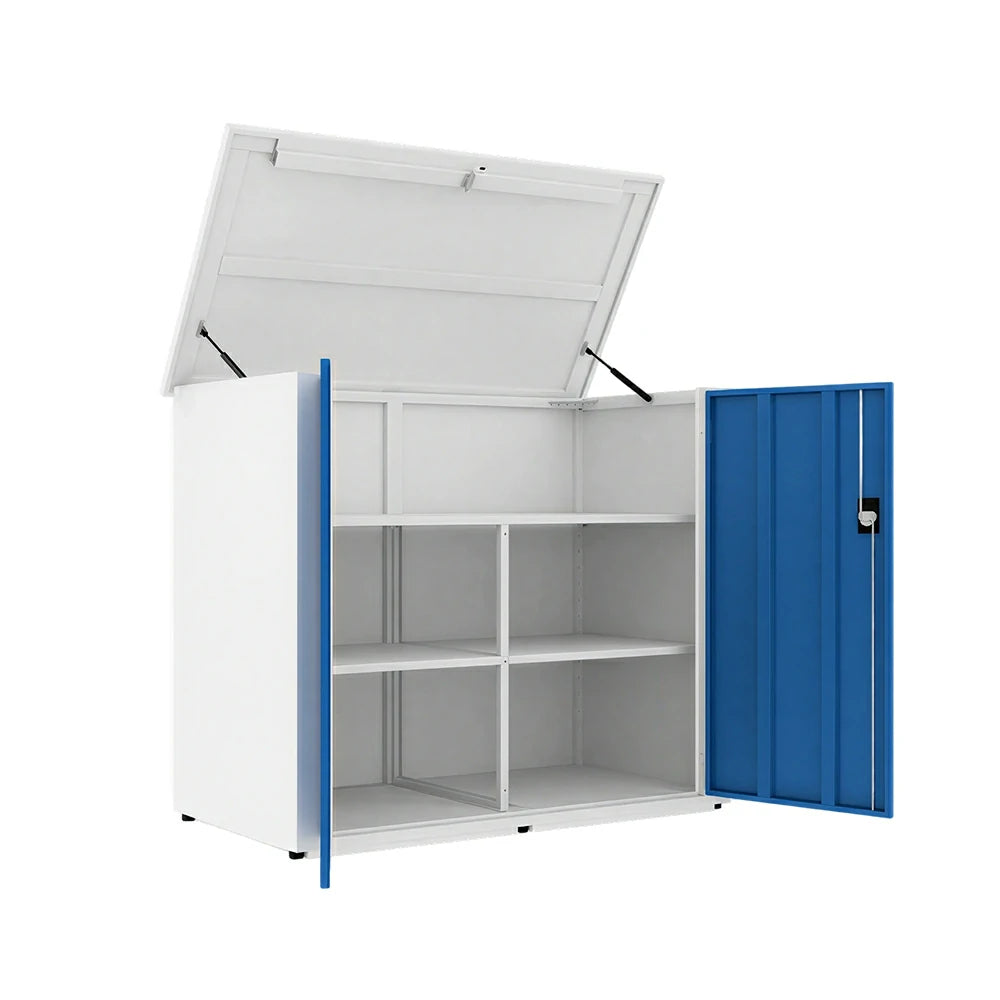 SOLARA 3 Door Outdoor Storage Cabinet - Weather Resistant 4 Shelf Utility Cabinet for Garden Balcony - White & Blue