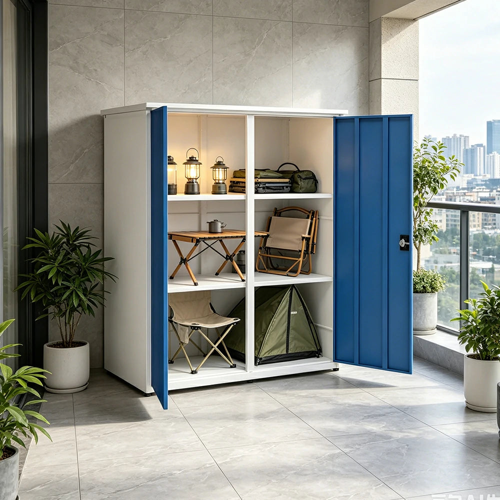 SOLARA Tall Outdoor Storage Cabinet - Weather Resistant 4 Shelf Utility Cabinet for Garden Balcony - White & Blue
