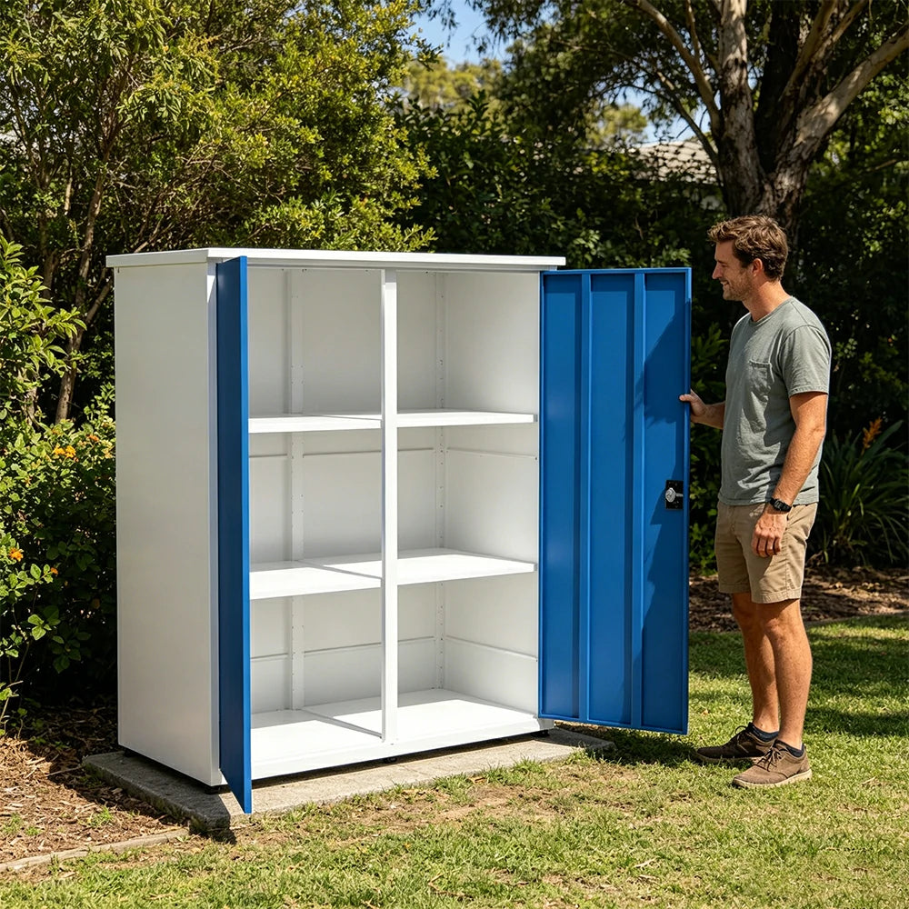 SOLARA Tall Outdoor Storage Cabinet - Weather Resistant 4 Shelf Utility Cabinet for Garden Balcony - White & Blue
