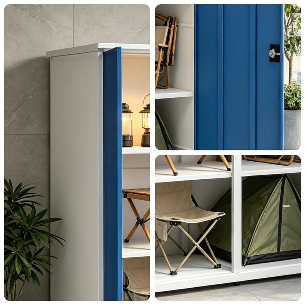 SOLARA Tall Outdoor Storage Cabinet - Weather Resistant 4 Shelf Utility Cabinet for Garden Balcony - White & Blue