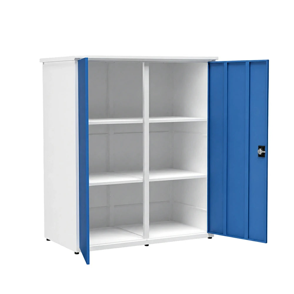 SOLARA Tall Outdoor Storage Cabinet - Weather Resistant 4 Shelf Utility Cabinet for Garden Balcony - White & Blue
