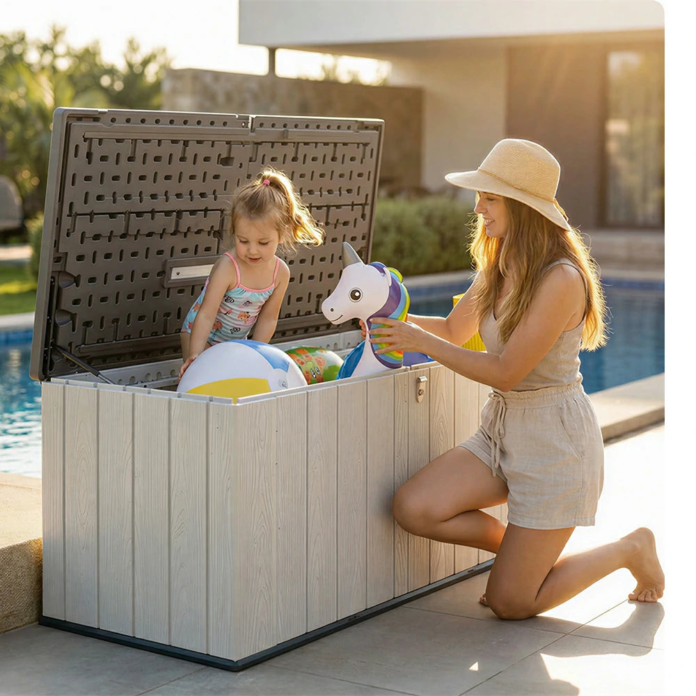 SOLARA Outdoor Storage Box - Weather Resistant Low Garden Tool Cabinet 142cm for Patio Balcony - White Grey